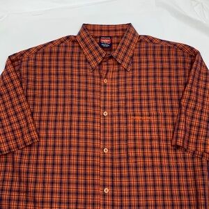 Men Pure Playaz Orange Dark Blue Mini Plaid Button Short Sleeve Shirt Size L